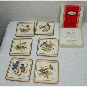 Pimpernel Coasters Set of 6 Cork Back European Birds 4x4 Original Box Vintage